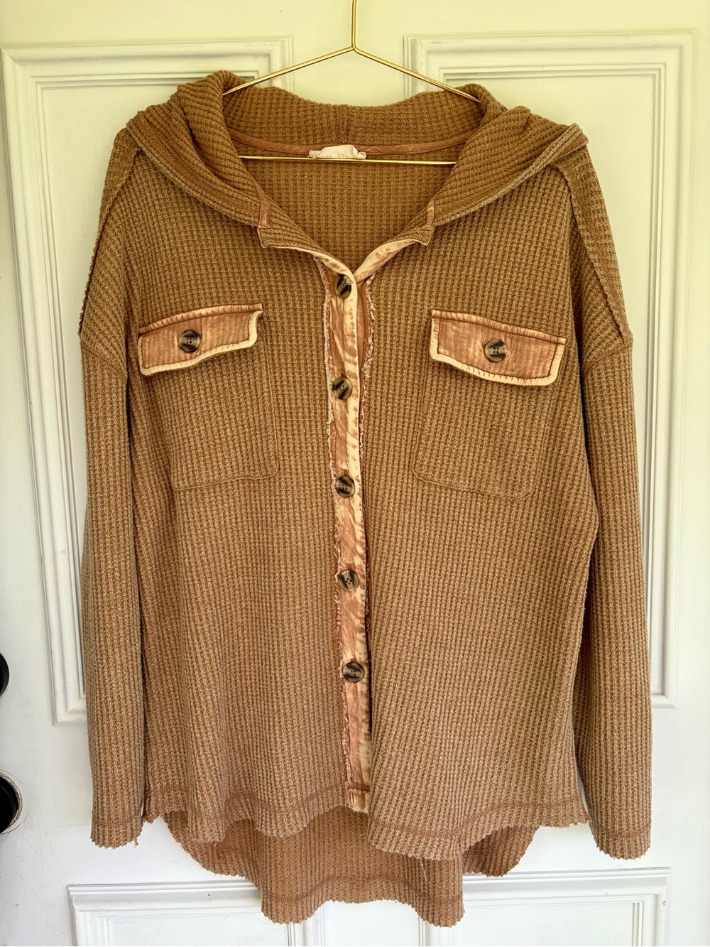 Waffle-Knit Hooded Button-Front Cardigan in Tan